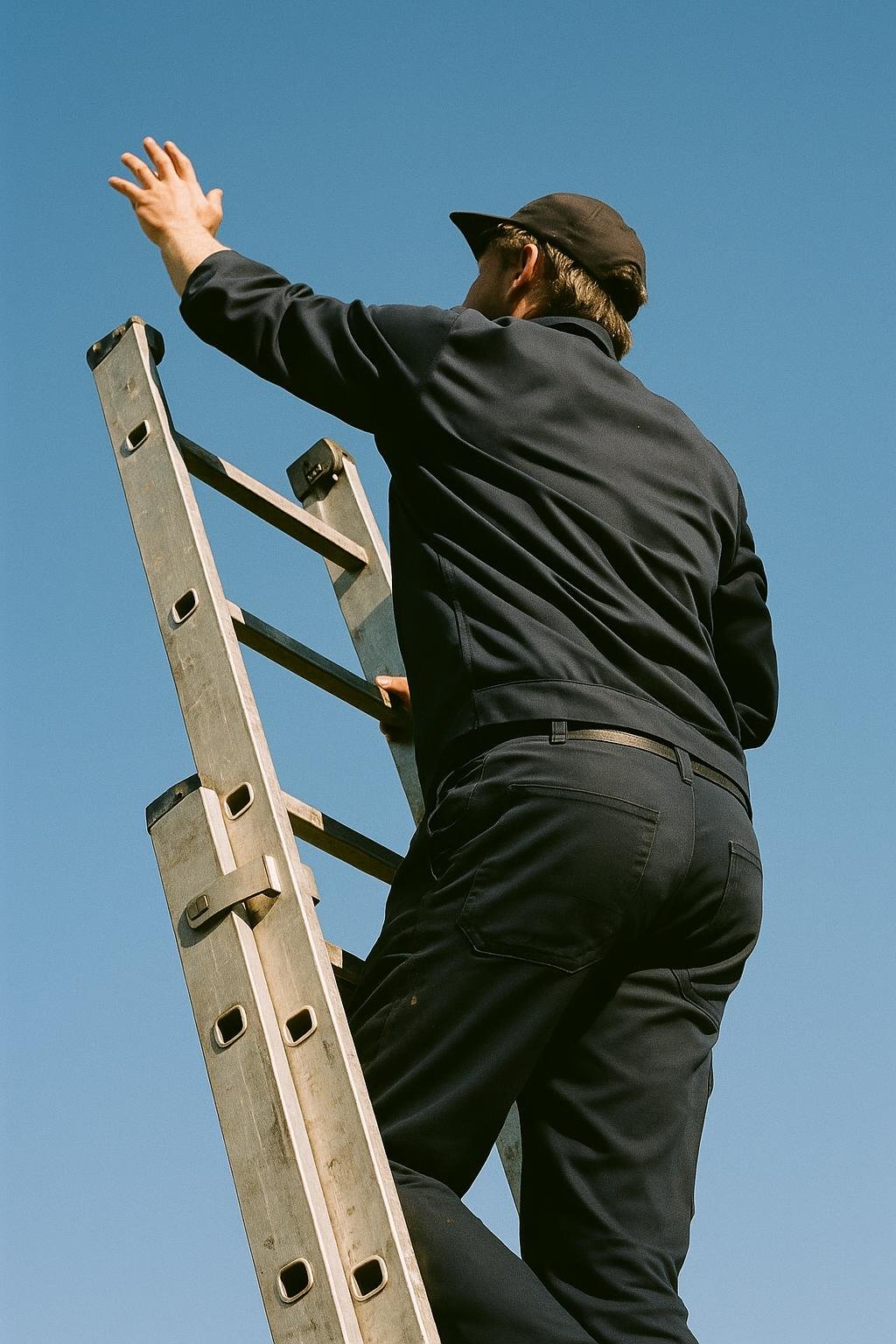 Vakman op een ladder tegen een strakblauwe lucht
